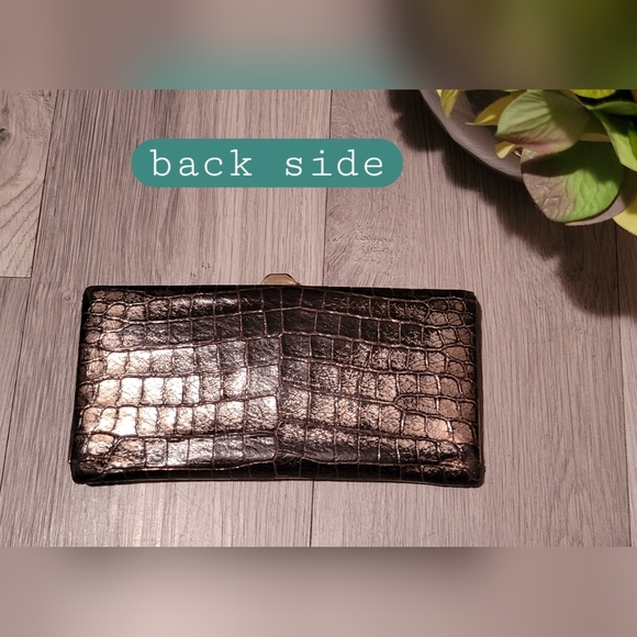 Lodis Vintage Bronze Metallic Croc Embossed Gold Framed Long Wallet, 7.5"x3.5" - Picture 5 of 16